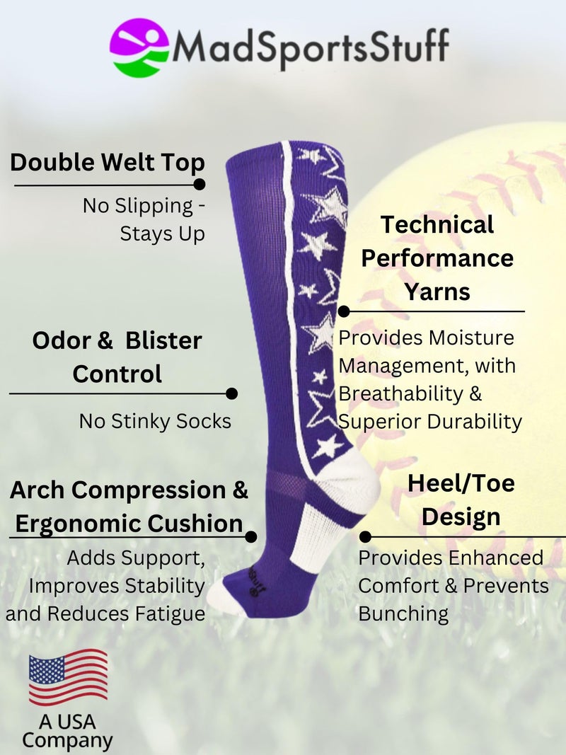 MadSportsStuff Crazy Socks with Stars Over the Calf Socks (Purple/White, Small) - Image 3